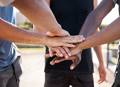 Buy stock photo Sports, basketball and hands of team in support of huddle closeup, motivation and fitness goal at basketball court. Hands, friends and men with diversity, training and game strategy before a match  