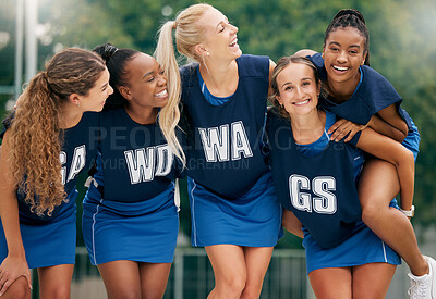 Buy stock photo Fitness, sports and netball girl team at court for training, bonding and relax before sport exercise outdoors. Diversity, netball players and women friends hug before workout, playing and performance