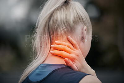 Buy stock photo Fitness, neck pain and woman with injury during exercise, training and morning cardio run in forest. Sport, girl and injury by athlete suffering arthritis, spinal and bone discomfort, muscle and pain