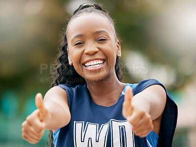 Buy stock photo Thumbs up, black woman and netball success, winner and summer sports motivation outdoor in Brazil. Portrait happy young athlete celebrate excited goals, achievement or support, agreement or yes emoji