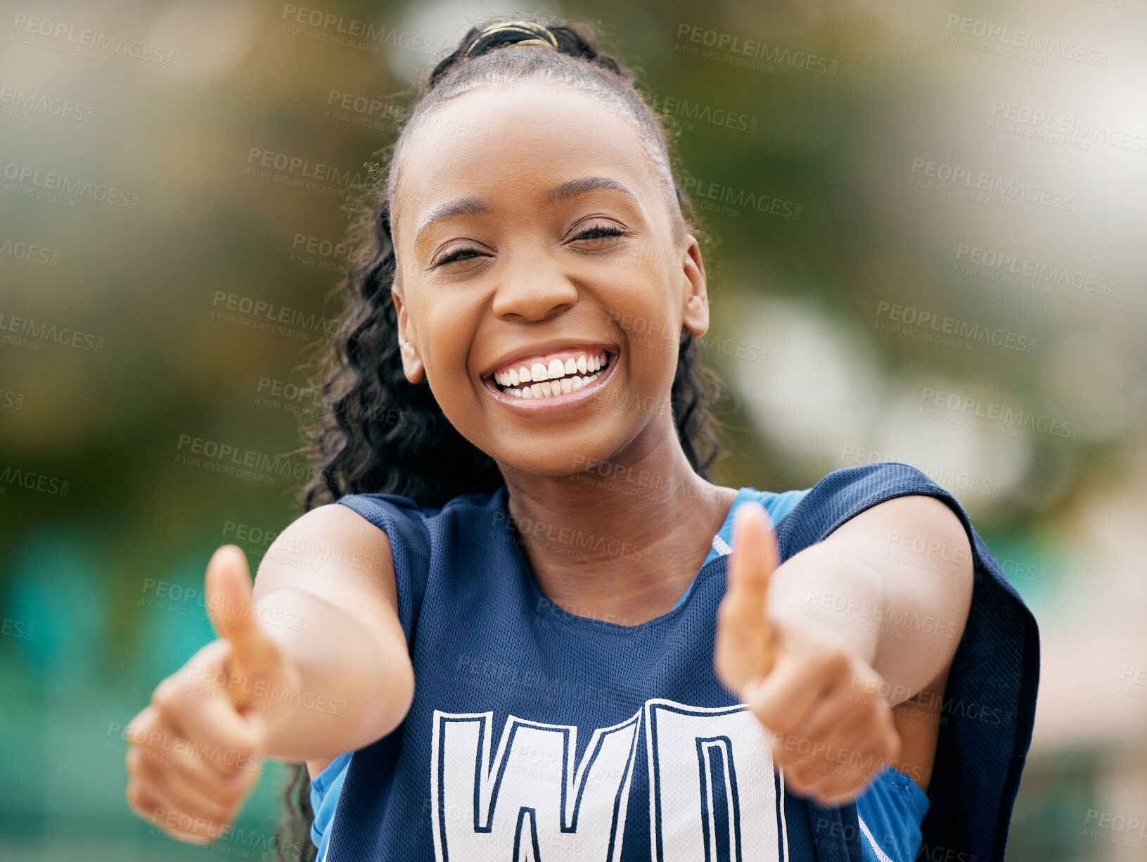 Buy stock photo Thumbs up, black woman and netball success, winner and summer sports motivation outdoor in Brazil. Portrait happy young athlete celebrate excited goals, achievement or support, agreement or yes emoji