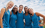 Diversity, woman and sport team with smile for support, unity or trust in fitness together in the outdoors. Portrait group of athletic women smiling in joy for teamwork, friendship or sports exercise