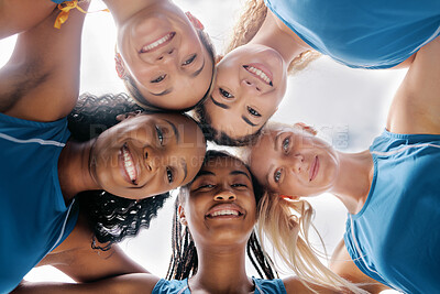Buy stock photo Portrait, women team and huddle together for sports game, motivation and smile for success. Diversity, female group or positive for training, match day or support for solidarity, teamwork or practice