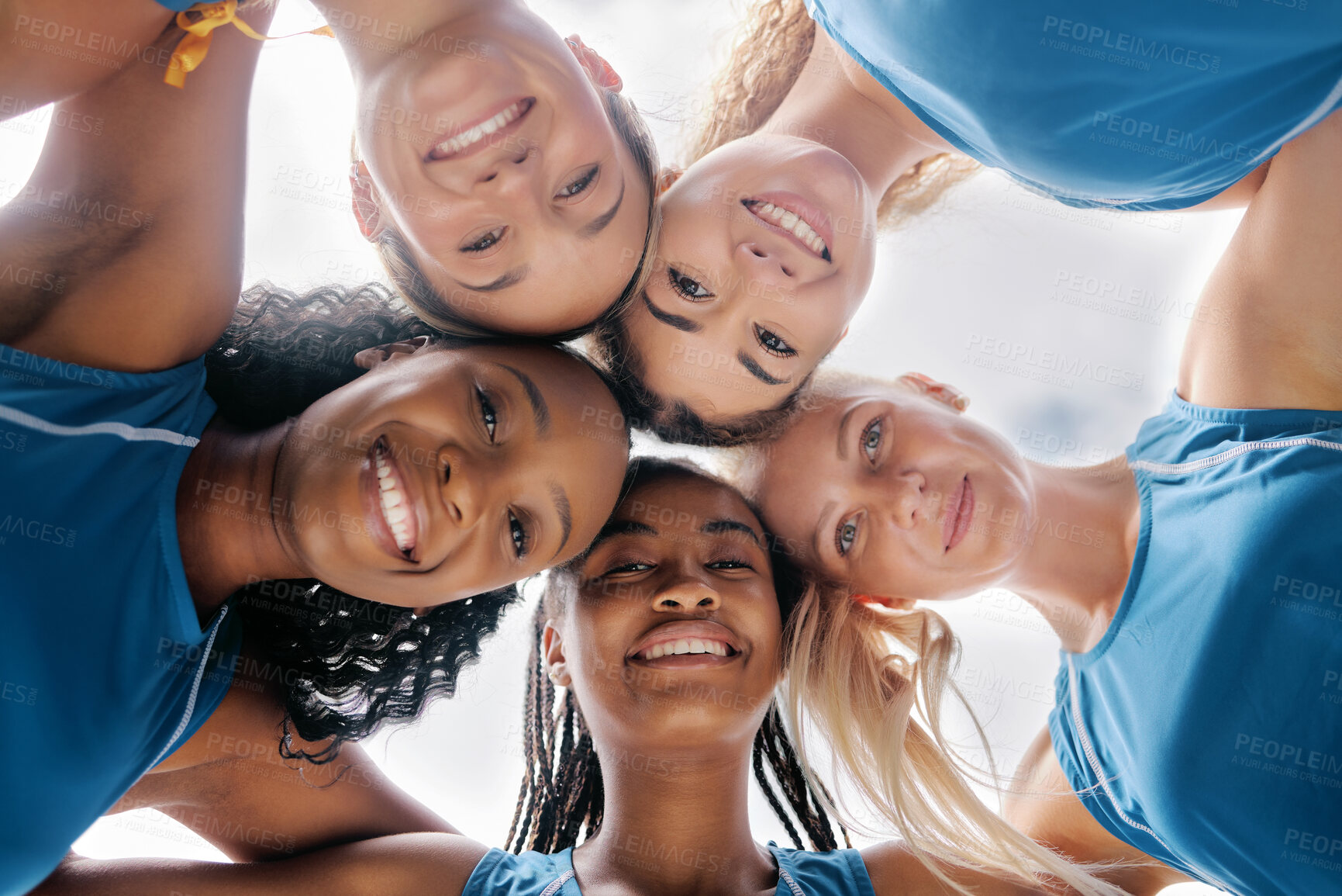 Buy stock photo Portrait, women team and huddle together for sports game, motivation and smile for success. Diversity, female group or positive for training, match day or support for solidarity, teamwork or practice