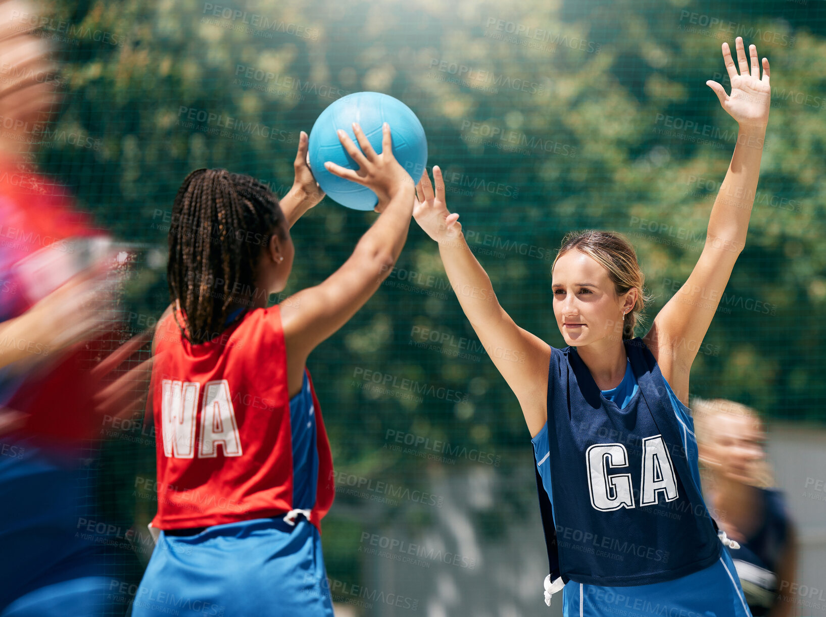 Buy stock photo Sports, women and basketball competition at outdoor basketball court for training, exercise and match. Fitness, basketball player and team compete for ball in game, workout and physical performance