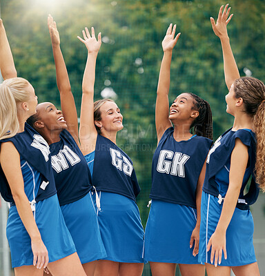 Buy stock photo Netball, sports and motivation with a woman team in celebration after victory in a competitive game on a court. Fitness, collaboration and training with a female athlete winner group at practice