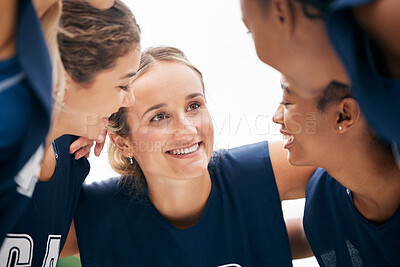 Buy stock photo Diversity, girl team and game motivation, smile and conversation for success, being happy and speaking for plan to win. Teamwork, sports women and talking for collaboration, match strategy and huddle