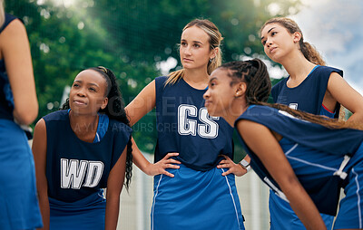 Buy stock photo Teamwork, netball and women in a huddle for motivation, team building and planning a strategy in a sports game. Fitness, mindset and young athletes talking or speaking of goals in a training workout