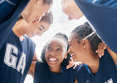 Buy stock photo Women netball teamwork, motivation and strategy, support and winner target planning for competition games. Happy, excited and coaching huddle of sports group training, trust and goals collaboration 