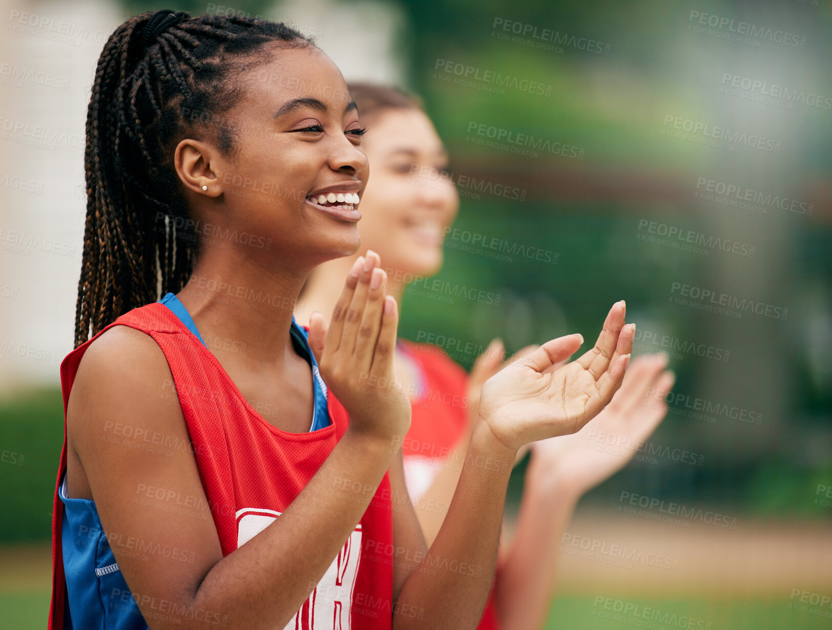 Buy stock photo Black woman, sports cheerleader and applause for team in support, motivation or positive attitude in the outdoors. African American female clapping in sport activity, motivate and encouragement