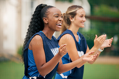 Buy stock photo Sports, support and netball team cheers, applause or celebrate teamwork goal, game win or competition victory. Winner, motivation and diversity athlete women clap for fitness, training or workout fun