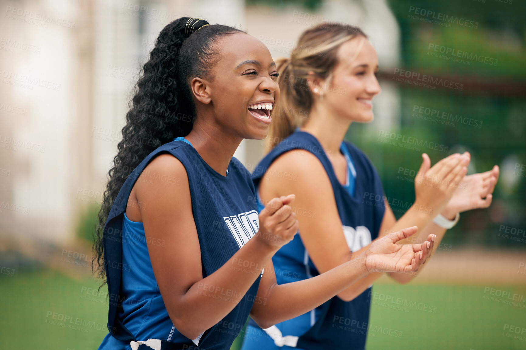 Buy stock photo Sports, support and netball team cheers, applause or celebrate teamwork goal, game win or competition victory. Winner, motivation and diversity athlete women clap for fitness, training or workout fun