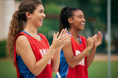 Buy stock photo Celebrate, support and netball team clapping hands during training for motivation, win and training on court. Happy, smile and young athlete friends with community, success and celebration for sports