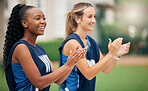 Woman, team and cheerleading in applause for motivation, support or encouragement in the outdoors. Happy women cheering and clapping in sports, teamwork and activity with smile in celebration outside