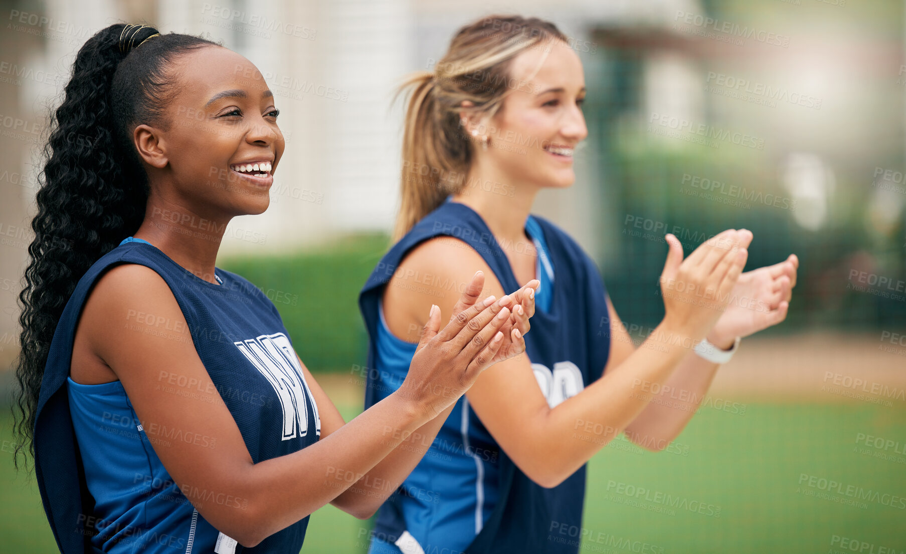 Buy stock photo Woman, team and cheerleading in applause for motivation, support or encouragement in the outdoors. Happy women cheering and clapping in sports, teamwork and activity with smile in celebration outside