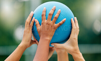 Buy stock photo Netball, hands and woman holding a ball during a game for support, teamwork or training together. Sports, community and collaboration for a team of athlete people at a sport event with solidarity