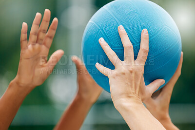 Buy stock photo Netball, sport and athlete hands with ball, game and challenge on a court in urban city park outside. Women, sports fitness and healthy lifestyle wellness training outdoor during training or practice