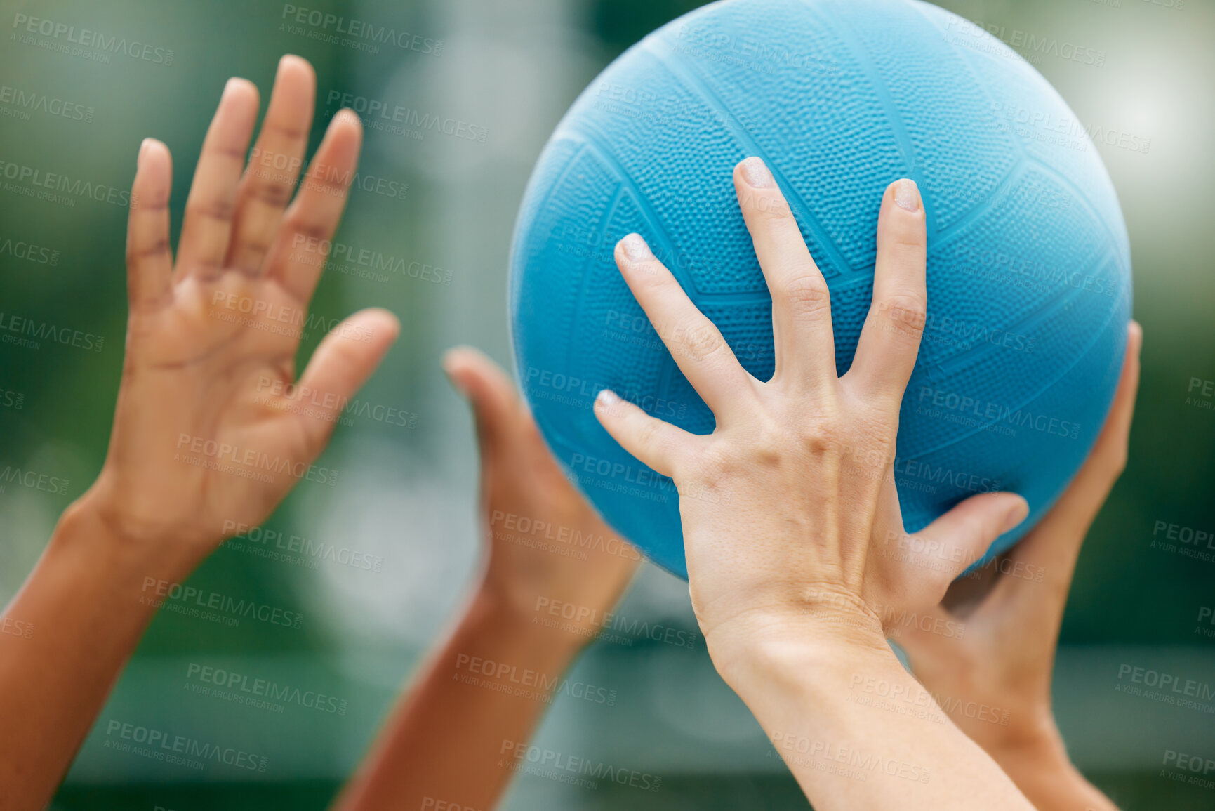 Buy stock photo Netball, sport and athlete hands with ball, game and challenge on a court in urban city park outside. Women, sports fitness and healthy lifestyle wellness training outdoor during training or practice
