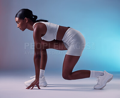 Buy stock photo Runner start, fitness training and black woman focus on exercise, workout or ready for marathon cardio run. Running motivation, winner mindset or determined model athlete on color gradient background