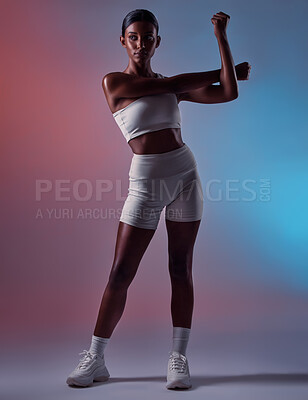 Buy stock photo Stretching, arms and woman thinking of fitness, exercise and motivation against a studio background. Thinking, training and warm up by a girl with an idea for training, workout and sports performance