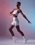 Fitness, health and black woman stretching in studio portrait of healthy girl. Sports, exercise and form, motivation and balance for athlete cardio training for aerobics workout and woman in Jamaica.