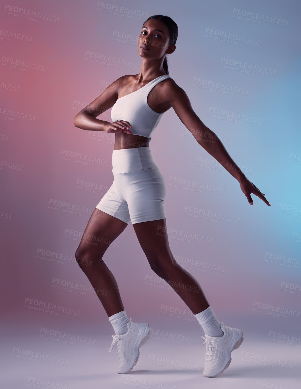 Buy stock photo Fitness, health and black woman stretching in studio portrait of healthy girl. Sports, exercise and form, motivation and balance for athlete cardio training for aerobics workout and woman in Jamaica.
