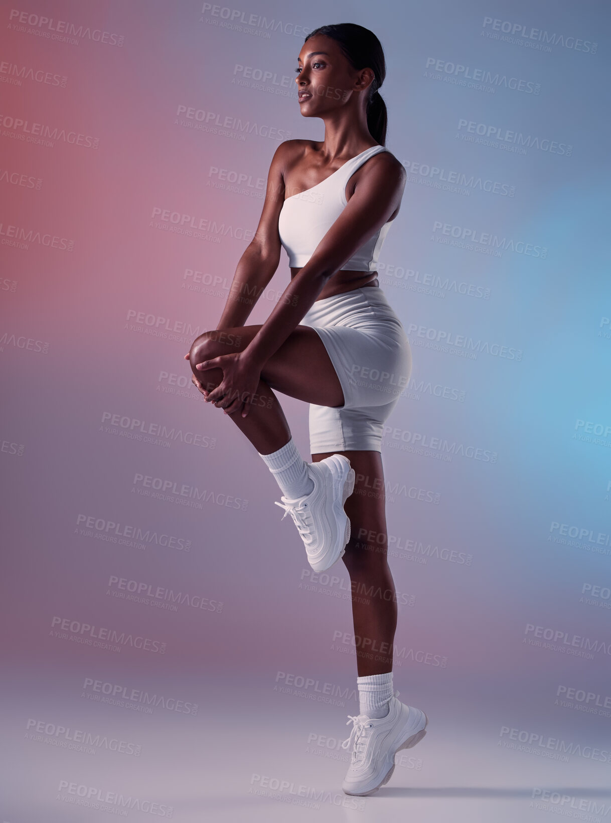 Buy stock photo Black woman fitness, stretching in studio with sportswear or sports fashion in fitness exercise for knee and legs. Girl model, workout clothes in warmup and sport shoes in health training for cardio