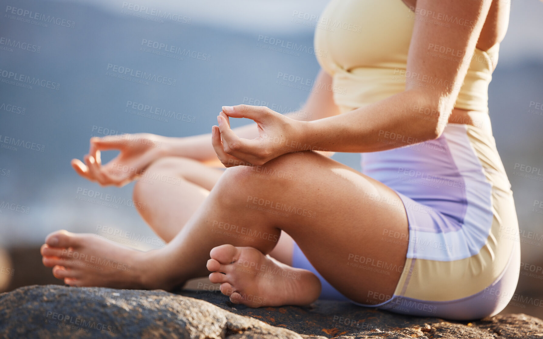 Buy stock photo Zen woman, yoga meditation, and lotus hands in mudra pose in nature exercise, workout and peace outdoor rock. Calm energy, health and spiritual person in training for mindset, wellness and relax
