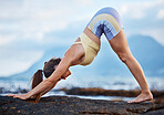 Yoga, balance and outdoor exercise with woman doing pilates for wellness, body and mental health in city. Fitness female at nature beach for zen, motivation and spiritual workout on healthy lifestyle