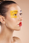 Beauty, woman and paint on face, makeup or creative art on brown studio background. Fashion cosmetics, unique self expression and thinking female model from Canada with red lips and yellow eyeshadow.