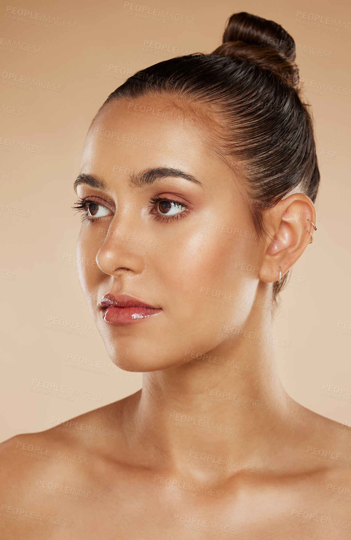 Buy stock photo Beauty, skincare and makeup aesthetic with woman in studio for dermatology, cosmetics and skin health, wellness and glow. Face of female model inspiration for facial, self care and luxury care