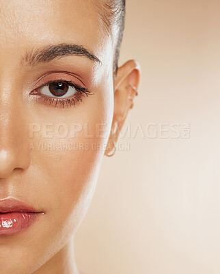 Buy stock photo Beauty, skincare and natural makeup on face of woman for health, dermatology and cosmetics inspiration for self care, skin care and wellness. Portrait of female model with glow from spa facial 