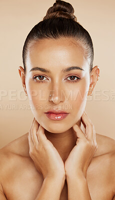 Buy stock photo Woman, face and beauty skincare makeup or cosmetic facial care mockup. Portrait of young girl, natural skin healthy glow and luxury bodycare wellness treatment against brown studio background