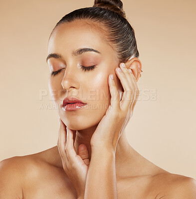 Buy stock photo Woman, skincare and beauty, aesthetic makeup and facial treatment for glowing skin, natural cosmetics and body care on studio background. Young model face headshot, makeup and self care wellness