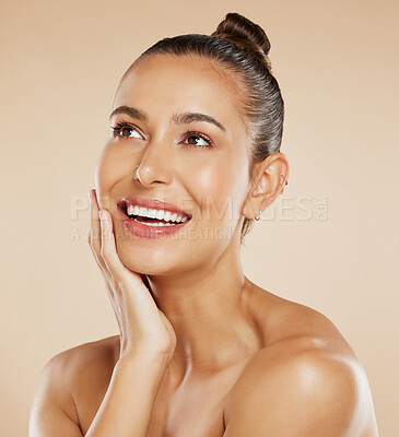 Buy stock photo Beauty, smile and skincare woman face, wellness and healthy with happiness against a beige studio background. Happy young latino model with glowing, soft and smooth skin to advertise cosmetic product