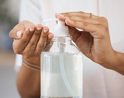 Buy stock photo Health, bacteria and sanitizer with hands of woman for medical, hygiene and covid protection in the pandemic. Virus, cleaning and soap dispenser with girl press bottle for alcohol disinfection