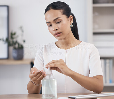 Buy stock photo Business woman, hand sanitizer and covid risk management in office for healthcare safety, stop corona virus and cleaning compliance. Worker, liquid bottle product and bacteria protection for wellness