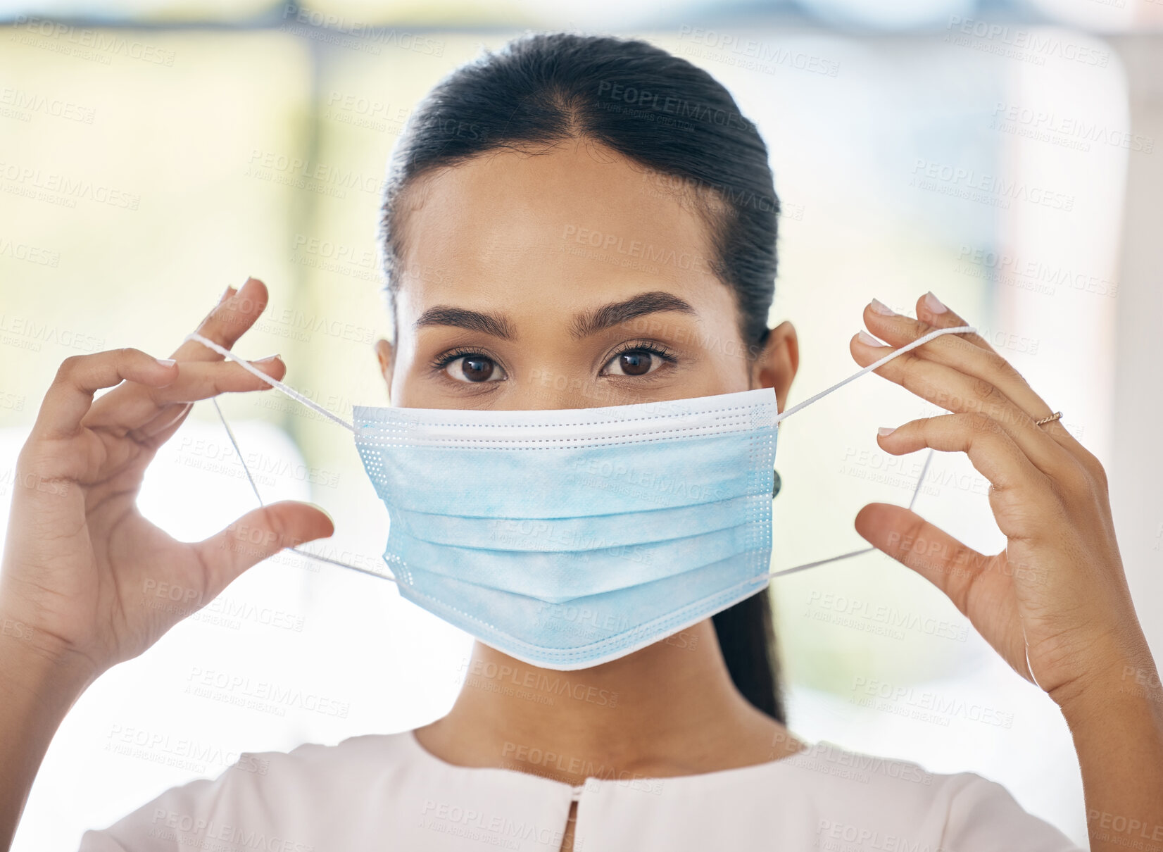 Buy stock photo Covid, safety and healthcare with a woman in a mask during the virus outbreak living a new normal lifestyle. Portrait, vaccine and medical with a young female staying safe during the corona pandemic