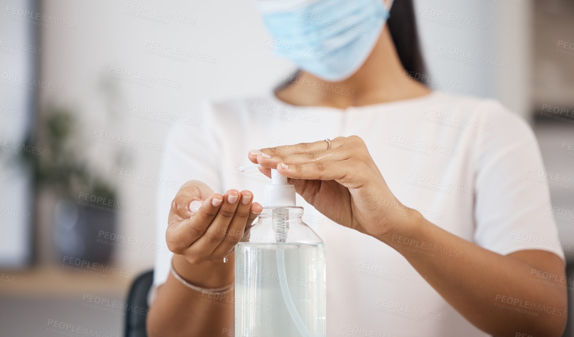 Buy stock photo Covid, hands and woman with sanitizer to clean, disinfect and prevent covid 19. Hygiene, disinfection and girl with face mask and bottle of antibacterial alcohol gel for bacteria, germs and sickness