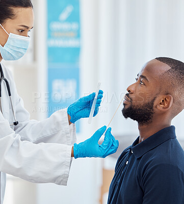 Buy stock photo Covid, medical and test with man and doctor for pharmacy, medicine and clinical research. Exam, pcr and cotton swab with healthcare worker and patient in hospital for virus, flu or disease prevention