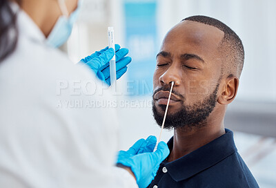 Buy stock photo Covid, pcr test and healthcare with a black man patient at the hospital for a medical appointment. Medicine, insurance and corona virus with a male in a clinic for virus testing during the pandemic