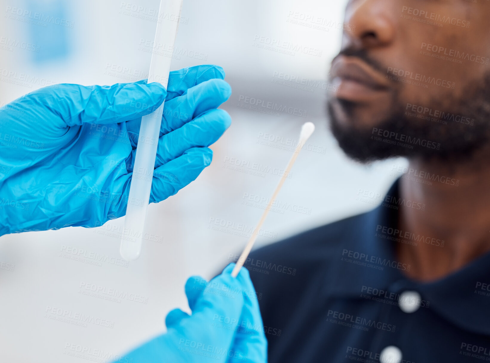 Buy stock photo Doctor hands, compliance and a covid test with black man with testing kit in a clinic or hospital. Safety, medical pcr and healthcare hand, glove or corona check before with cotton swab and test tube