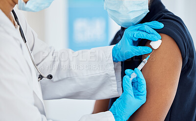 Buy stock photo Covid, vaccine and hands of doctor with man for medical, pharmacy and virus immunization in hospital. Medicine, consulting and help with healthcare worker and patient in clinic for flu and drug