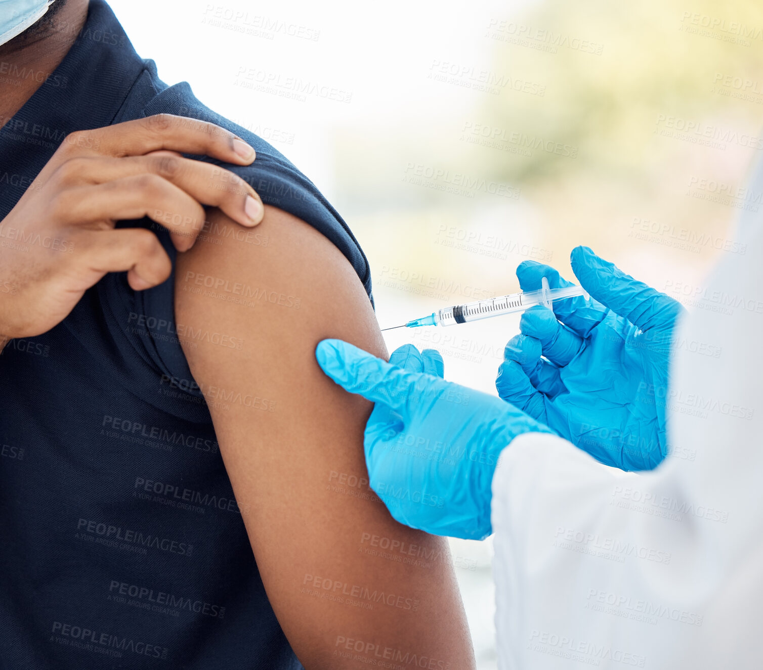 Buy stock photo Covid vaccine, healthcare and patient during consultation with doctor for health, wellness and medicine injection in arm. Medical man in hospital for immunization with clean needle for covid 19 shot