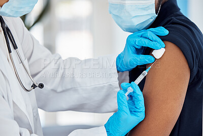 Buy stock photo Covid vaccine, injection and doctor with patient for healthcare consultation, medical service or covid 19 medicine. Corona virus, syringe or protection vaccination for black man at hospital pharmacy 