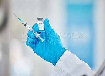 Buy stock photo Doctor hands, covid or vaccine bottle with syringe in hospital, clinic or pharmacy for health, wellness or medical compliance. Zoom, nurse or healthcare worker and covid 19 booster medicine or needle