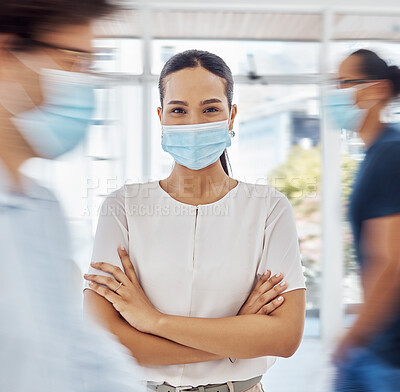 Buy stock photo Mask, busy office and business woman portrait happy in modern workplace. Young corporate proud female, confident and company management leader with colleagues social distance walking for covid