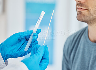 Buy stock photo Pcr, covid and nurse doing test on patient in clinic or hospital consulting room. Healthcare, pandemic and medical worker holding pcr test equipment, cotton bud and test tube for covid 19 virus