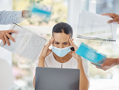 Buy stock photo Business woman, laptop and overwhelmed with workload, headache or burnout working at the office. Female employee trying to focus under pressure for deadline while overloaded with work at workplace