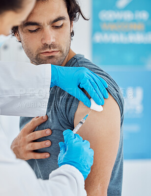Buy stock photo Covid, vaccine and injection with a man patient getting his booster shot in a hospital with a doctor in gloves. Medicine, health and insurance with a male in a clinic to boost his immune system